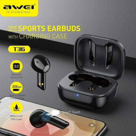 Awei T36 Earbud Bluetooth Handsfree Earphones with Sweat Resistance and Charging Case Black view 5