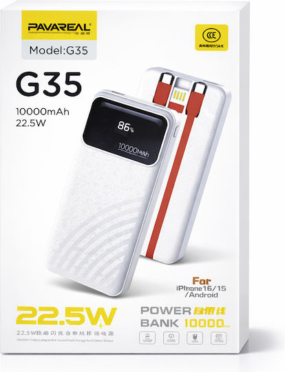 Pavareal G35 Powerbank 10000mAh 22.5W Fast Charging Built-In Cables & LED Display White view 1