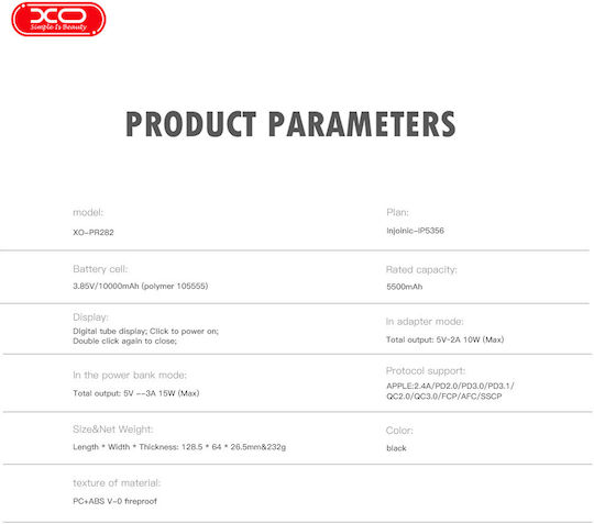 XO PR282 Power Bank 10000mAh 22.5W with USB-A Port and USB-C Port Black view 8