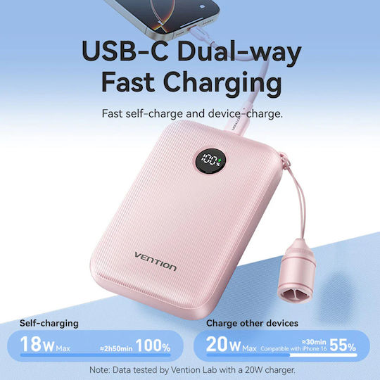 Vention Power Bank 10000mAh 22.5W with USB-A Port and USB-C Port Black view 6