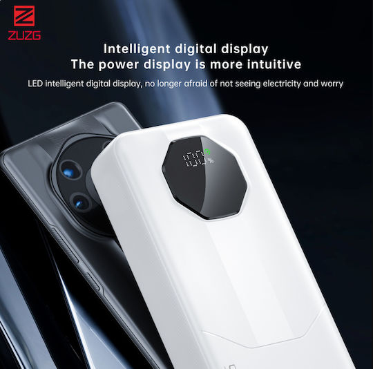 Zuzg C013p Power Bank 20000mAh Fast Charge PD 20W & QC 22.5W Built-in Cables & LED Display White view 5