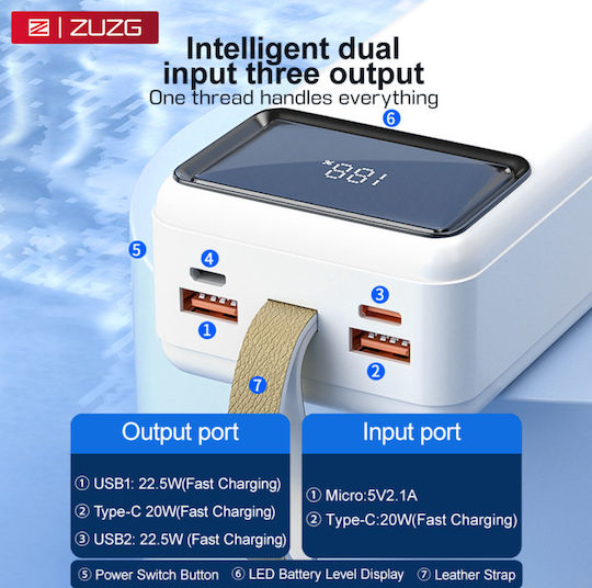 ZUZG ZP-J32 Power Bank 50000mAh 20W with 2 USB-A Output Ports and 2 USB-C Output Ports Power Delivery White view 6