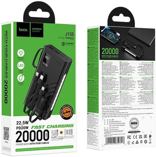 Hoco J155 Power Bank 20000mAh 22.5W with 2 USB-A Ports and USB-C Port Black vue 4
