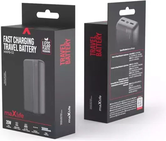 Maxlife MXPB-02 Power Bank 30000mAh 20W with 2 USB-A Ports and USB-C Port Power Delivery Black view 3