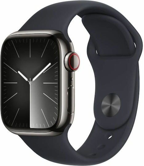 Apple Watch Series 9 Cellular Stainless Steel 41mm Waterproof with Heart Rate Monitor (Graphite Stainless Steel με Midnight Sport Band (M/L)) view 1