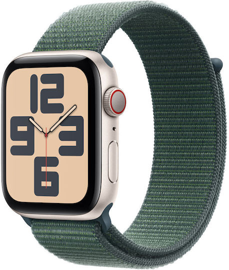 Apple Watch SE 2024 Cellular Aluminium 44mm Waterproof with eSIM and Heart Rate Monitor (Starlight with Lake Green Sport Loop) view 1