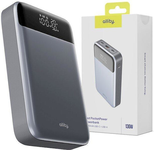 Allity APB-200 Power Bank 19200mAh 130W with USB-A Port and 2 USB-C Ports Power Delivery Gray