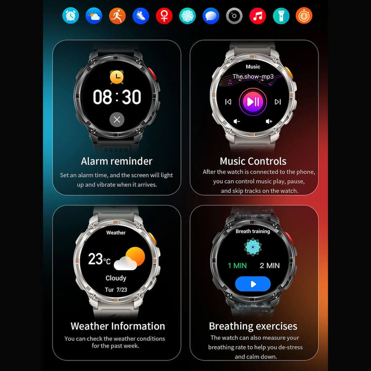 Microwear HT33 Smartwatch with Heart Rate Monitor (Black & Orange Silicone) view 5