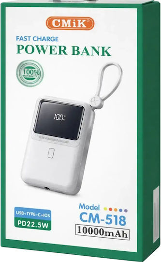 Cmik CM-518 Power Bank 10000mAh 22.5W with USB-A Port and USB-C Power Delivery Port White view 2