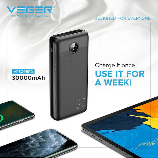 Veger L30 VP3008PD Power Bank 30000mAh 20W with 3 USB-A Ports and USB-C Port Black view 7