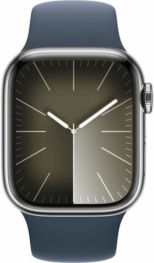 Apple Watch Series 9 Cellular Stainless Steel 41mm Waterproof with Heart Rate Monitor (Silver with Storm Blue Sport Band (S/M)) view 2