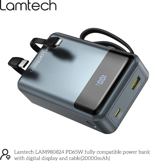 Lamtech Power Bank 20000mAh 65W With USB-A Output Port And USB-C Output Port Power Delivery Quick Charge 3.0 Black view 2