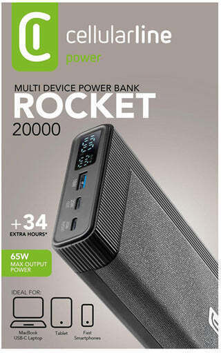 Cellular Line ROCKET Power Bank 20000mAh 65W with USB-A Port and 2 USB-C Ports Power Delivery Black view 2