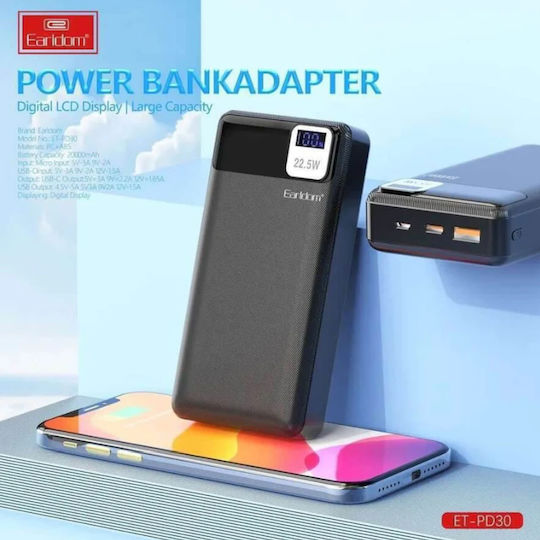 Earldom ET-PD30 Power Bank 20000mAh 22.5W with USB-A Port and USB-C Port Black view 6