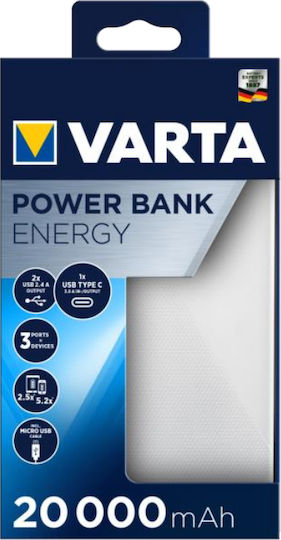 Varta Energy Power Bank 20000mAh with 2 USB-A Ports and USB-C Port White view 3